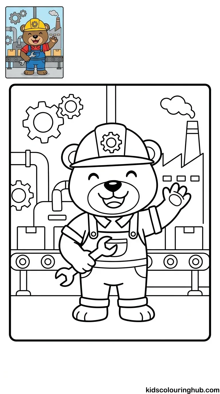A cartoon bear in a hardhat holding factory blueprints