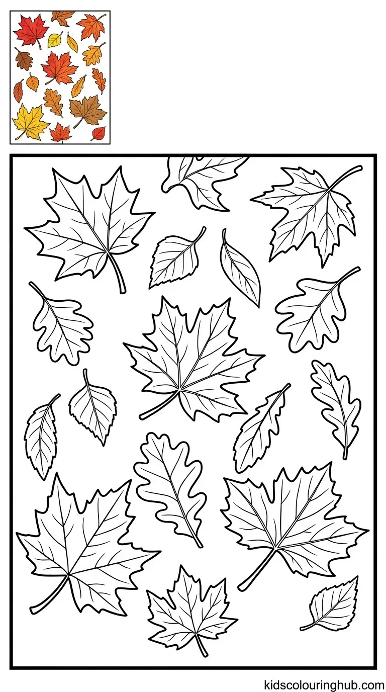 A collection of diverse falling autumn leaves in line art