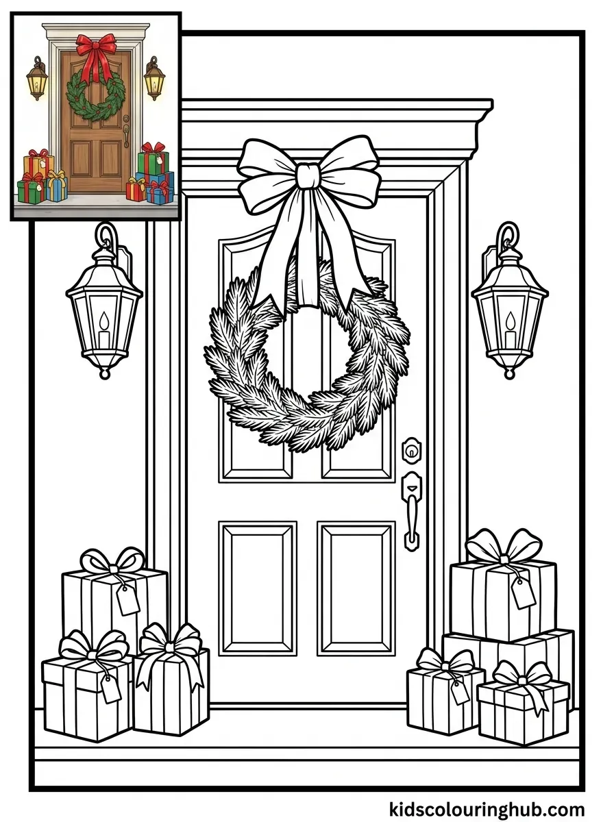 Festive holiday front door coloring page for kids
