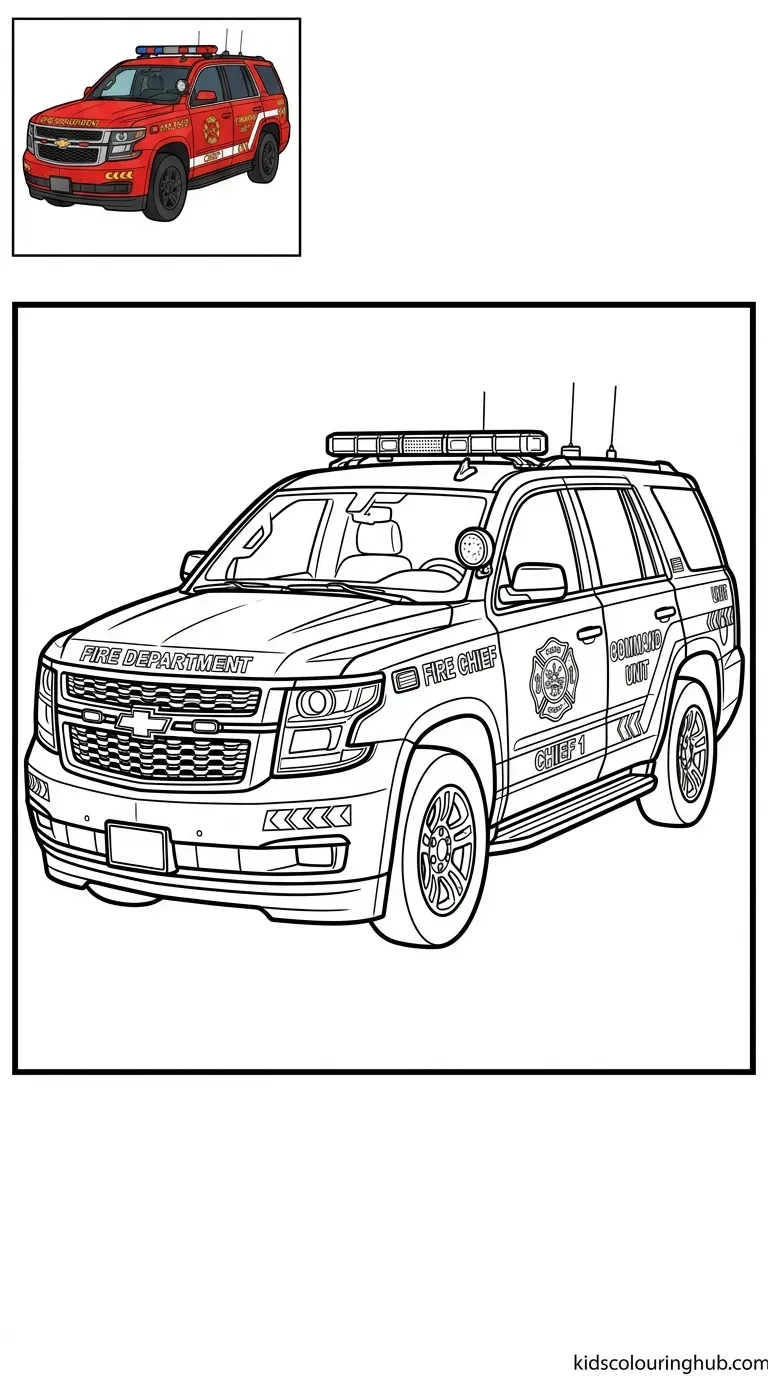 Black and white line art of a fire chief's command car SUV with thick outlines and a small colored thumbnail.