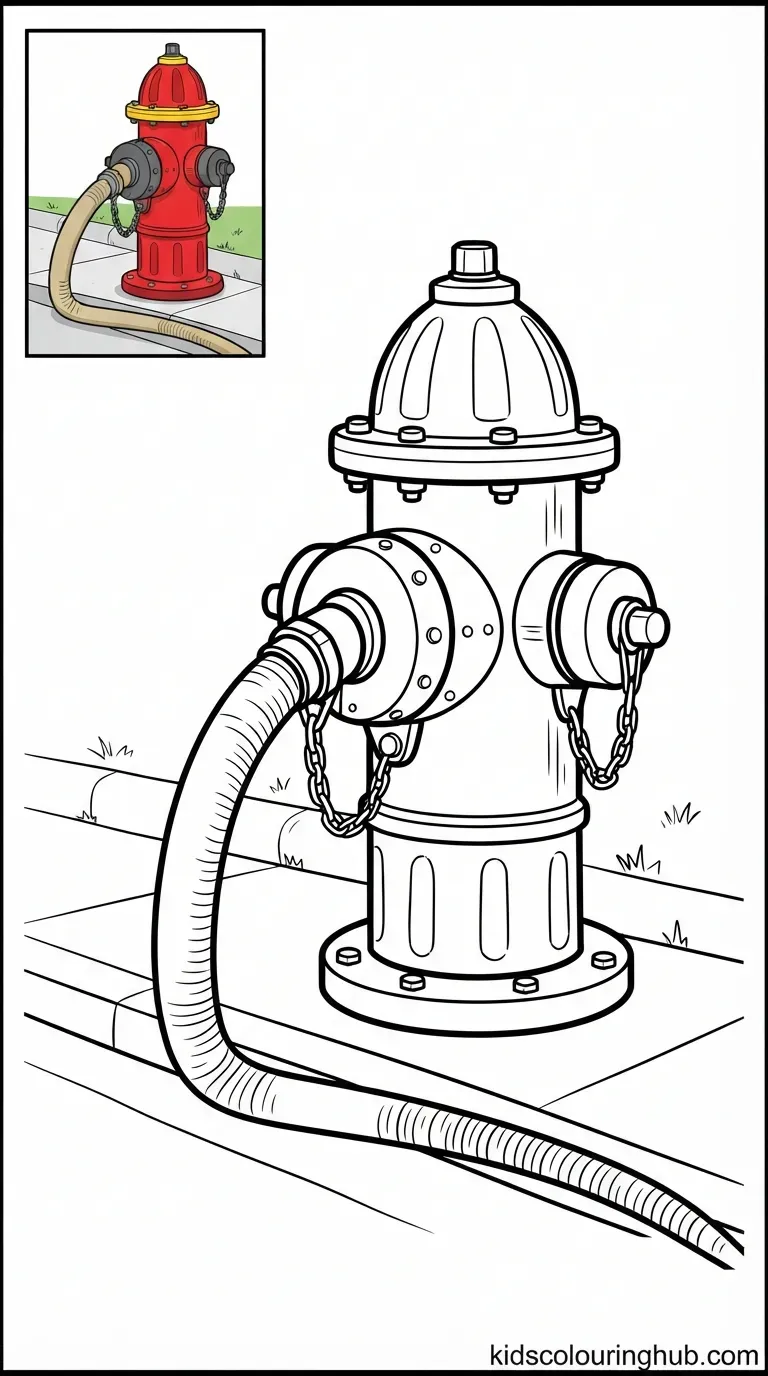 Black and white line art of a classic fire hydrant with a heavy hose connected, with thick outlines and a small colored thumbnail.