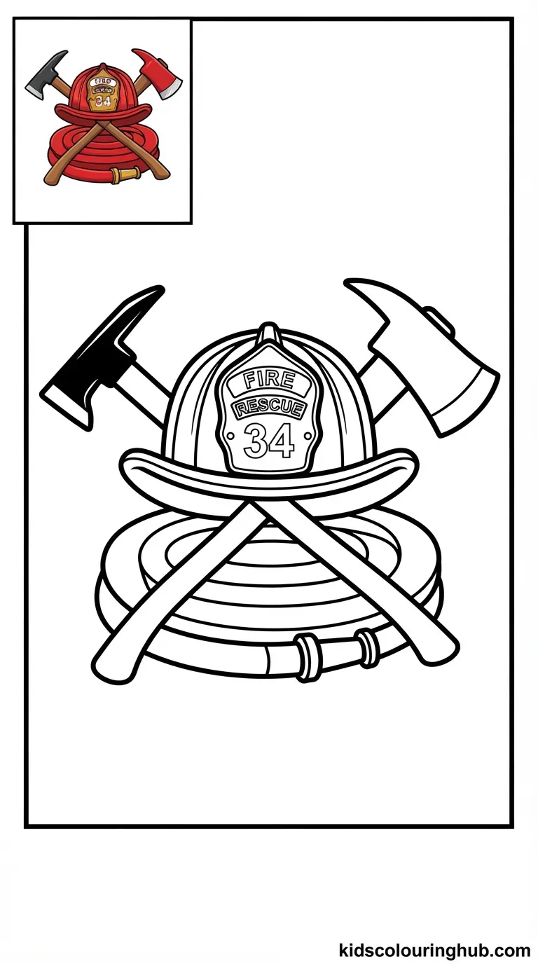 Black and white line art of a classic firefighter helmet, axe, and Halligan tool with thick outlines and a small colored thumbnail.
