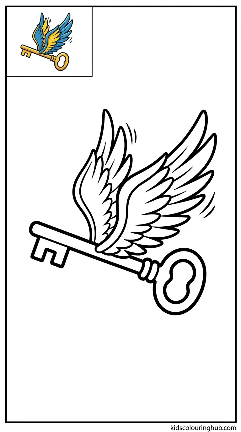 A fantasy winged key fluttering through the air