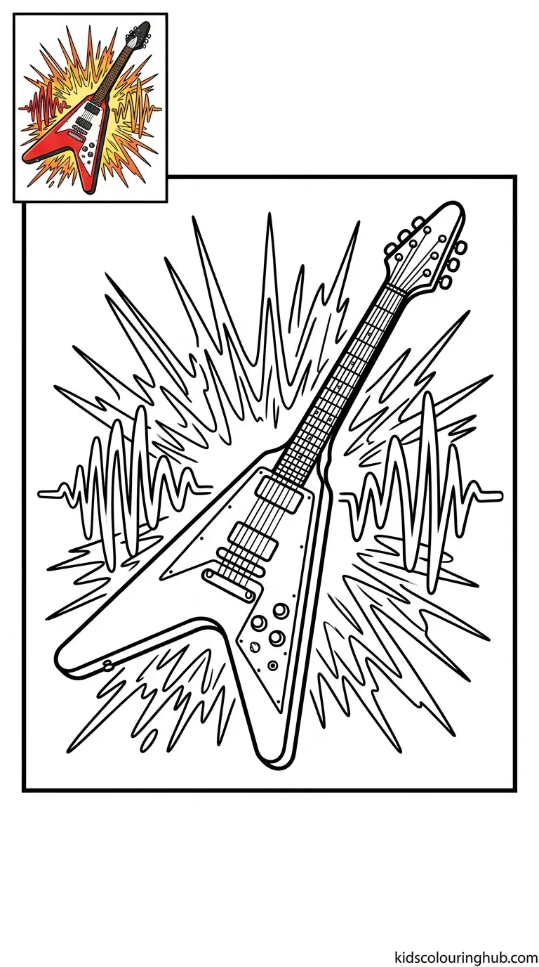 A flying V electric guitar with energetic sound waves around it