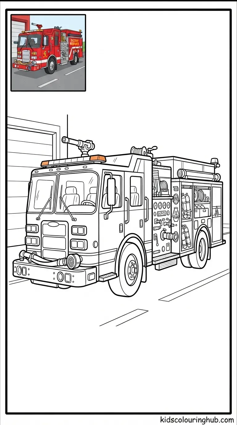 Black and white line art of a foam pumper fire truck for hazmat response with thick outlines and a small colored thumbnail.