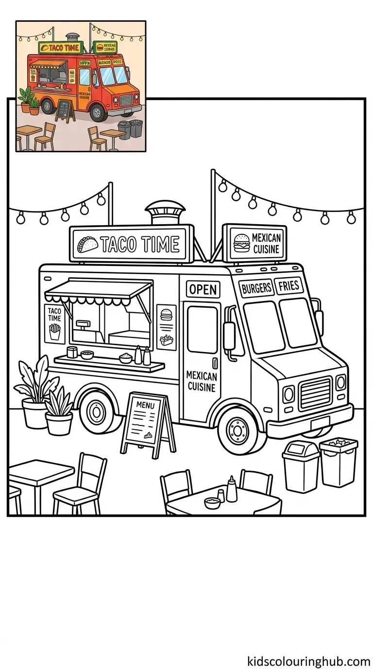 Black and white line art of a food truck street food with thick outlines and a colored thumbnail
