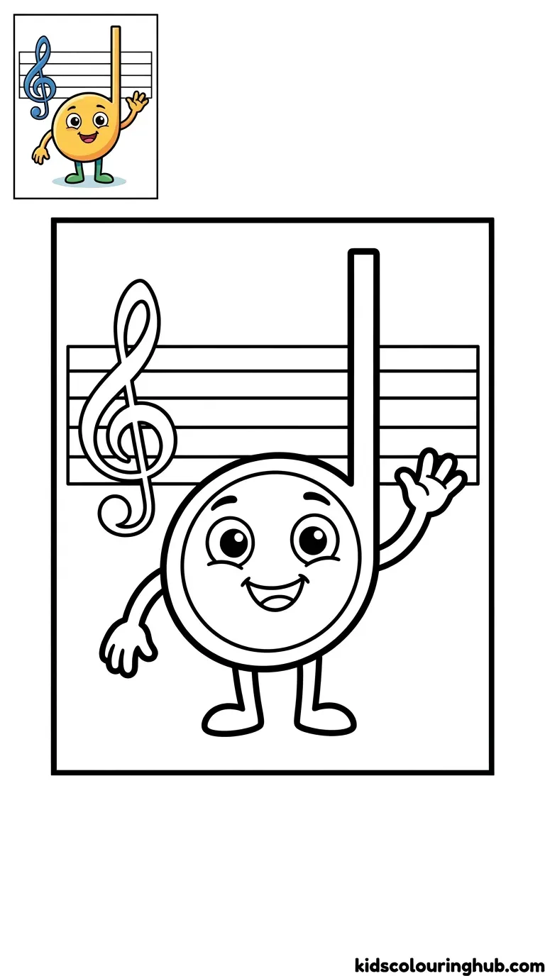 A cute cartoon half note with eyes and a big smile