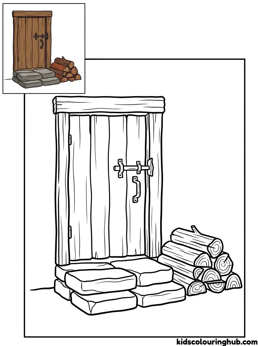 Frontier log cabin door coloring page for kids