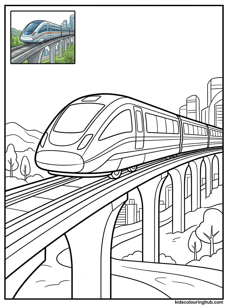 Line art of a futuristic magnetic levitation train