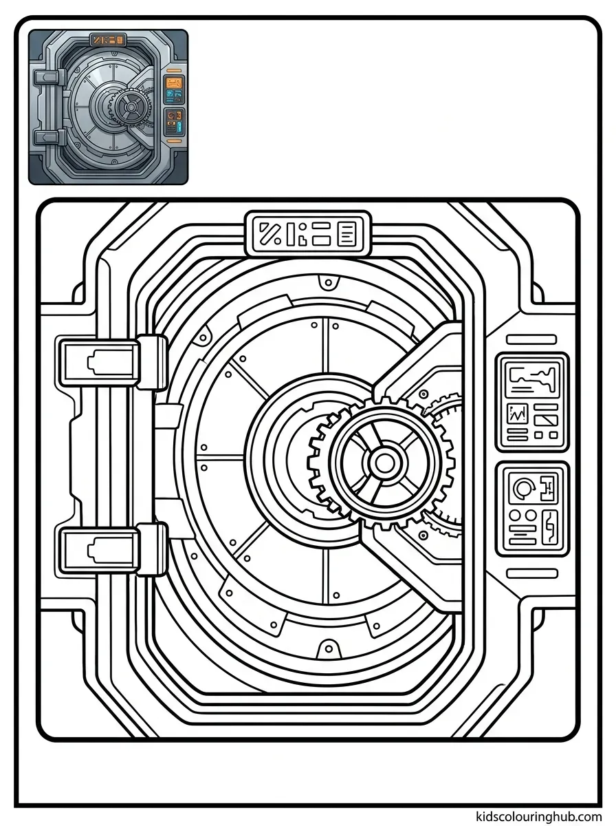 Futuristic space airlock door coloring page for kids
