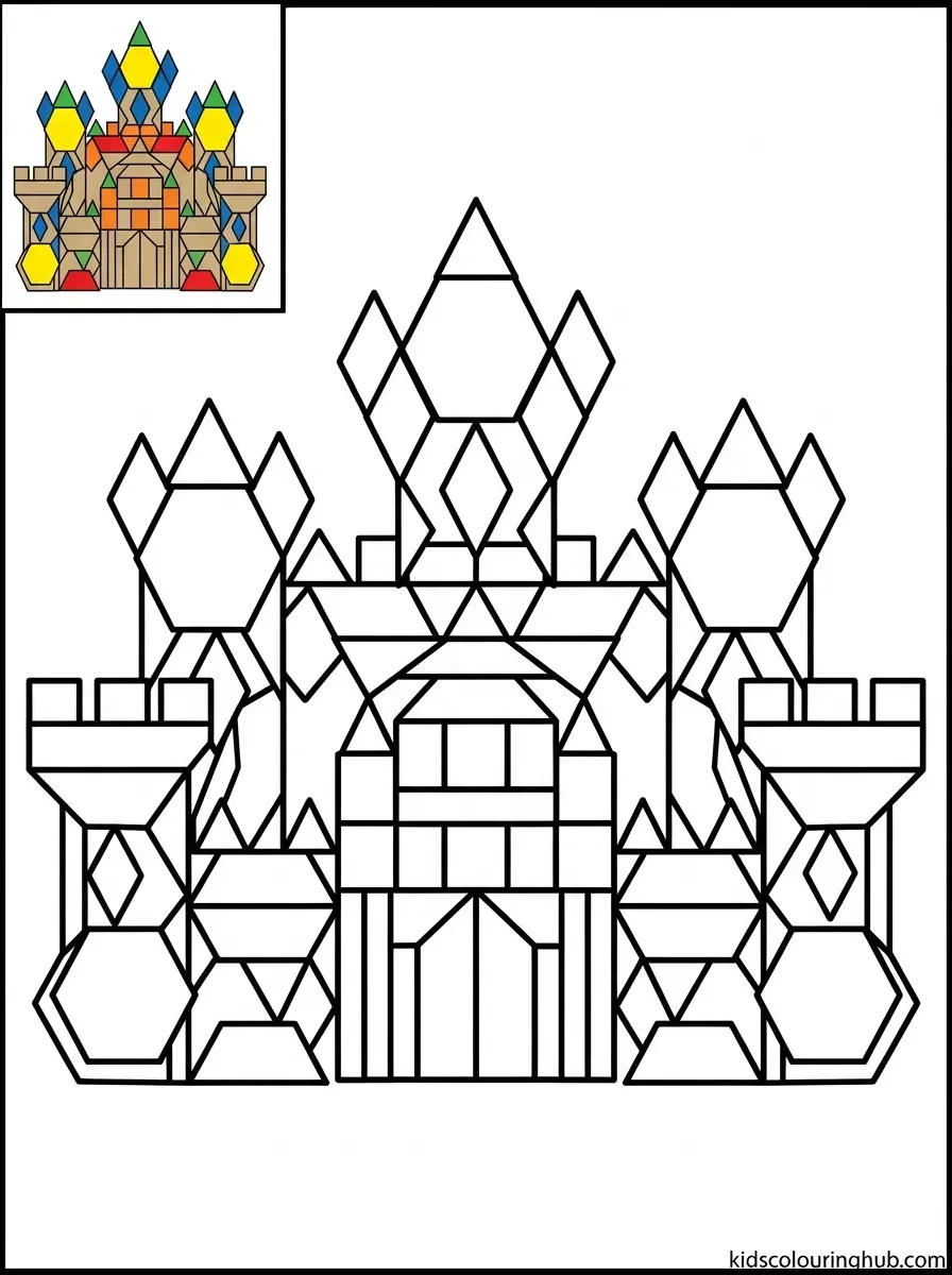Geometric castle pattern blocks coloring page for kids