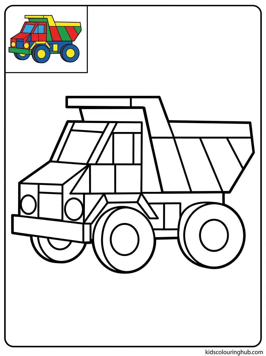 Geometric dump truck pattern blocks coloring page for kids