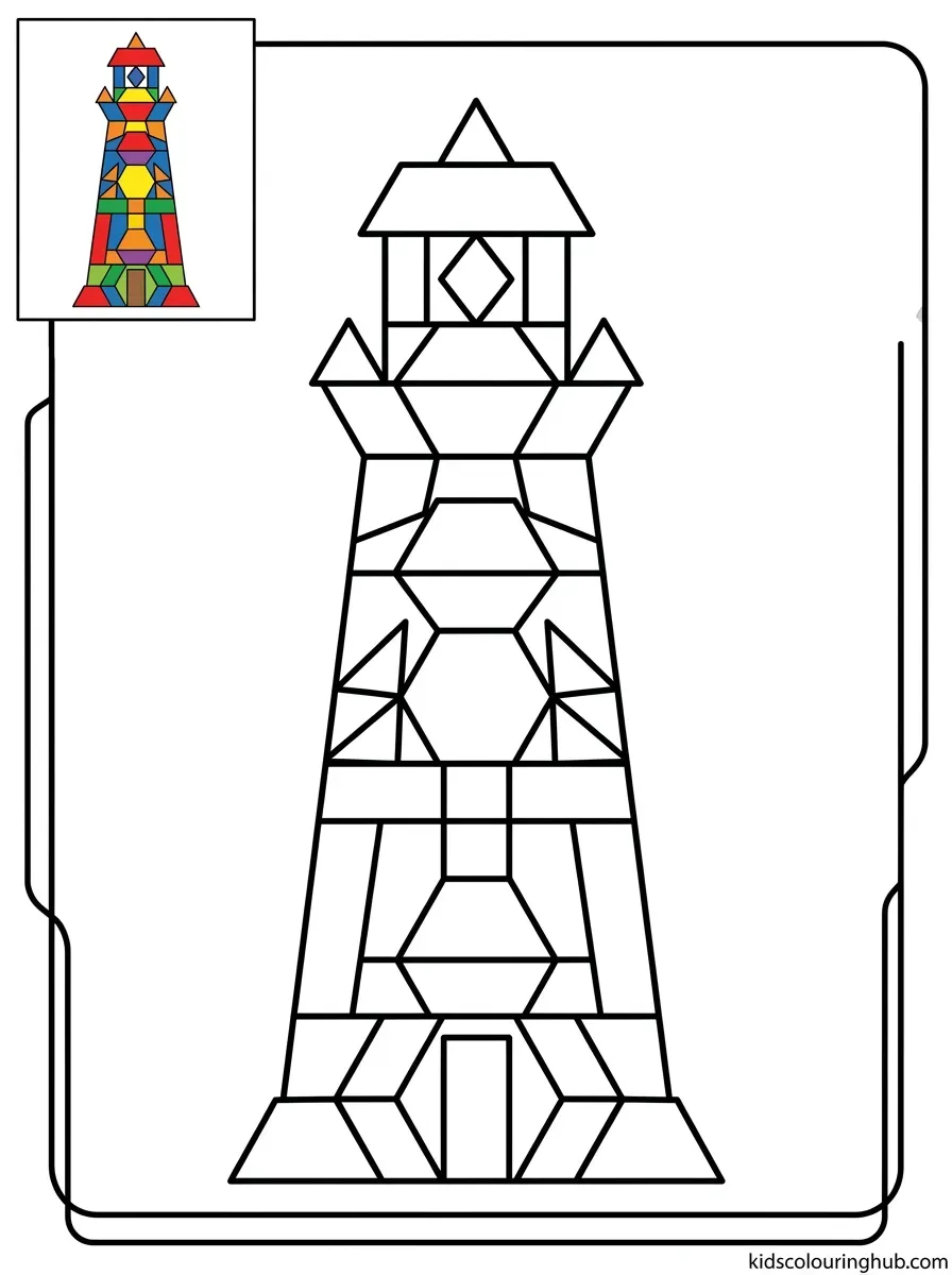 Geometric lighthouse pattern blocks coloring page for kids