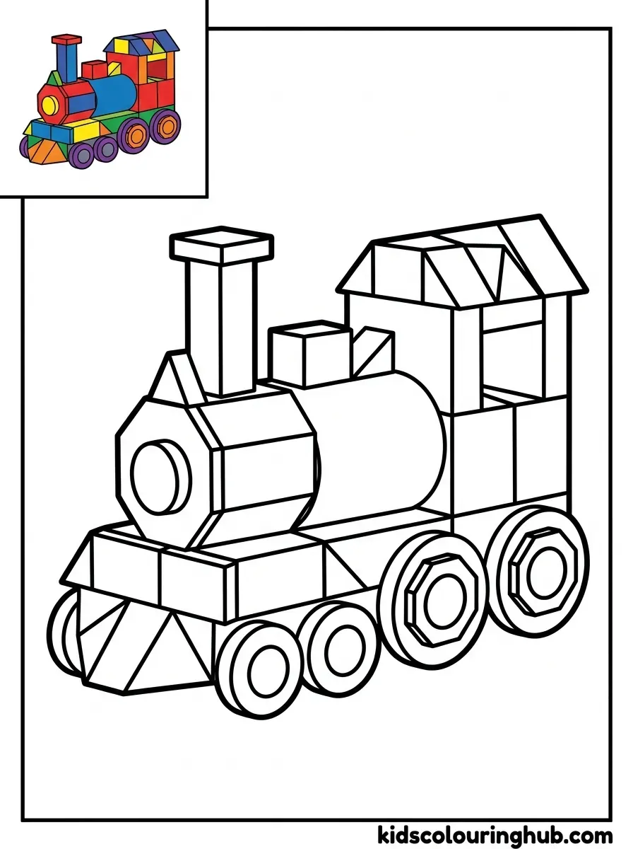 Geometric steam train pattern blocks coloring page for kids