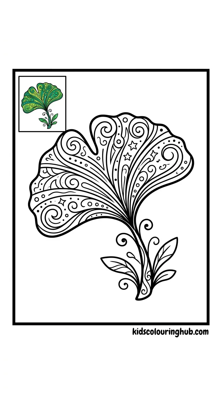 A clean line art drawing of a ginko biloba leaf