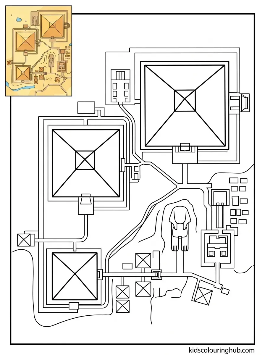 Black and white line art map of the Giza pyramid complex layout