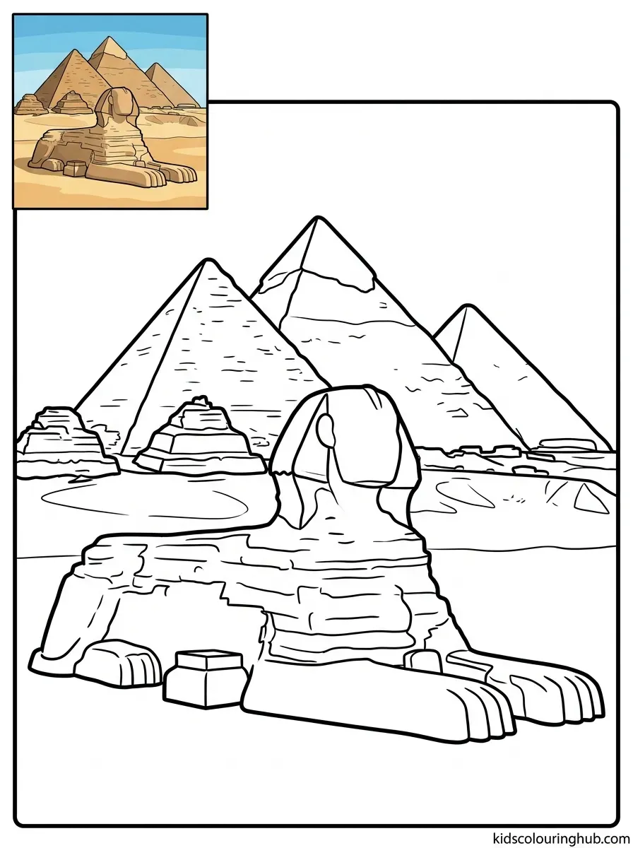 Black and white line art overview of the three Giza Pyramids and the Sphinx