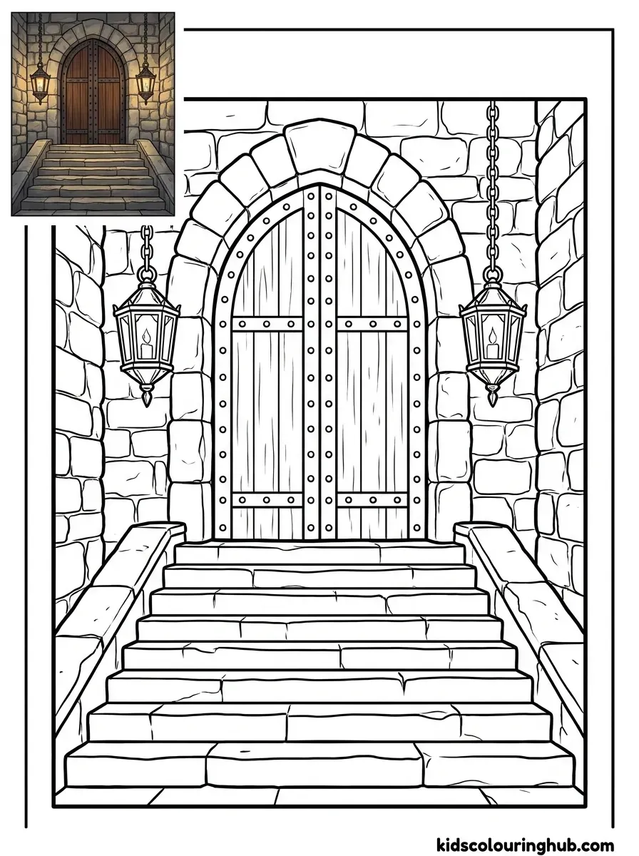 Grand castle wooden door coloring page for kids