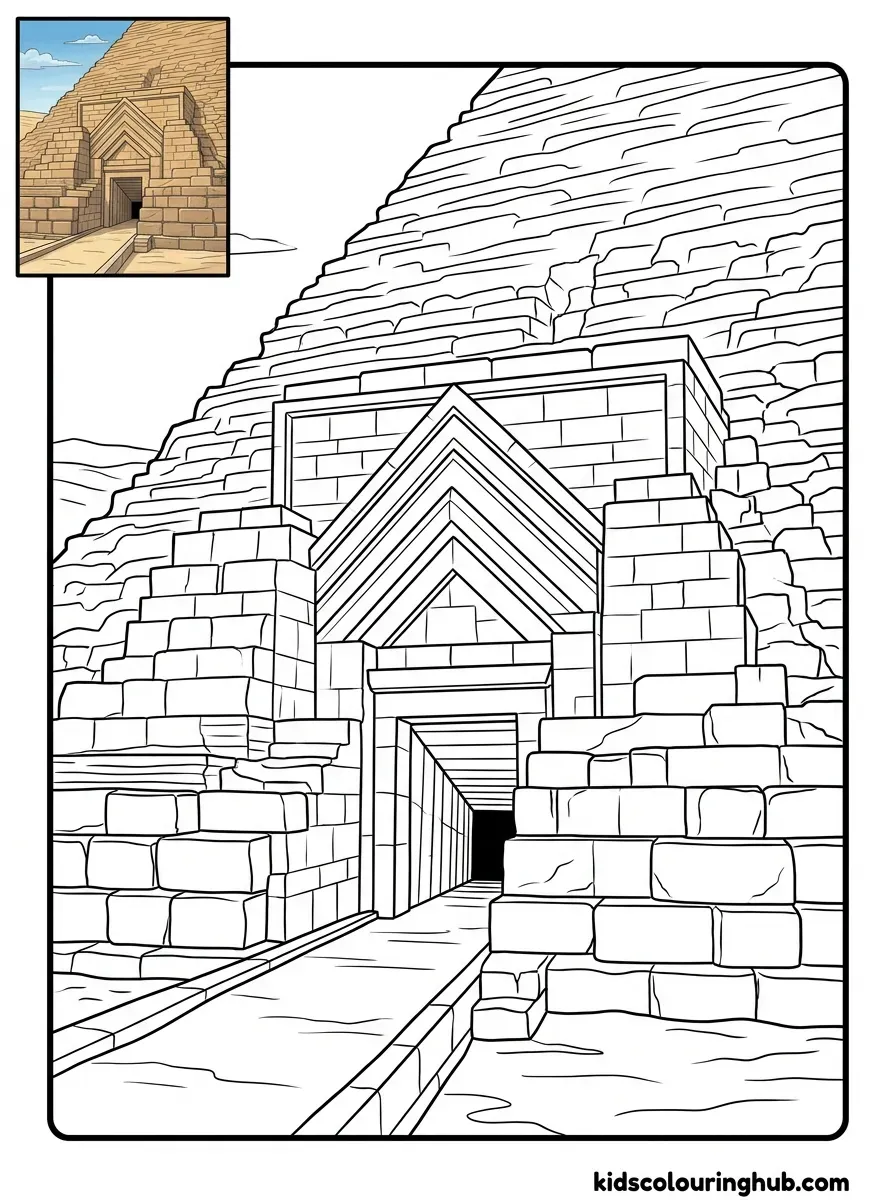 Black and white line art of the entrance of the Great Pyramid of Khufu