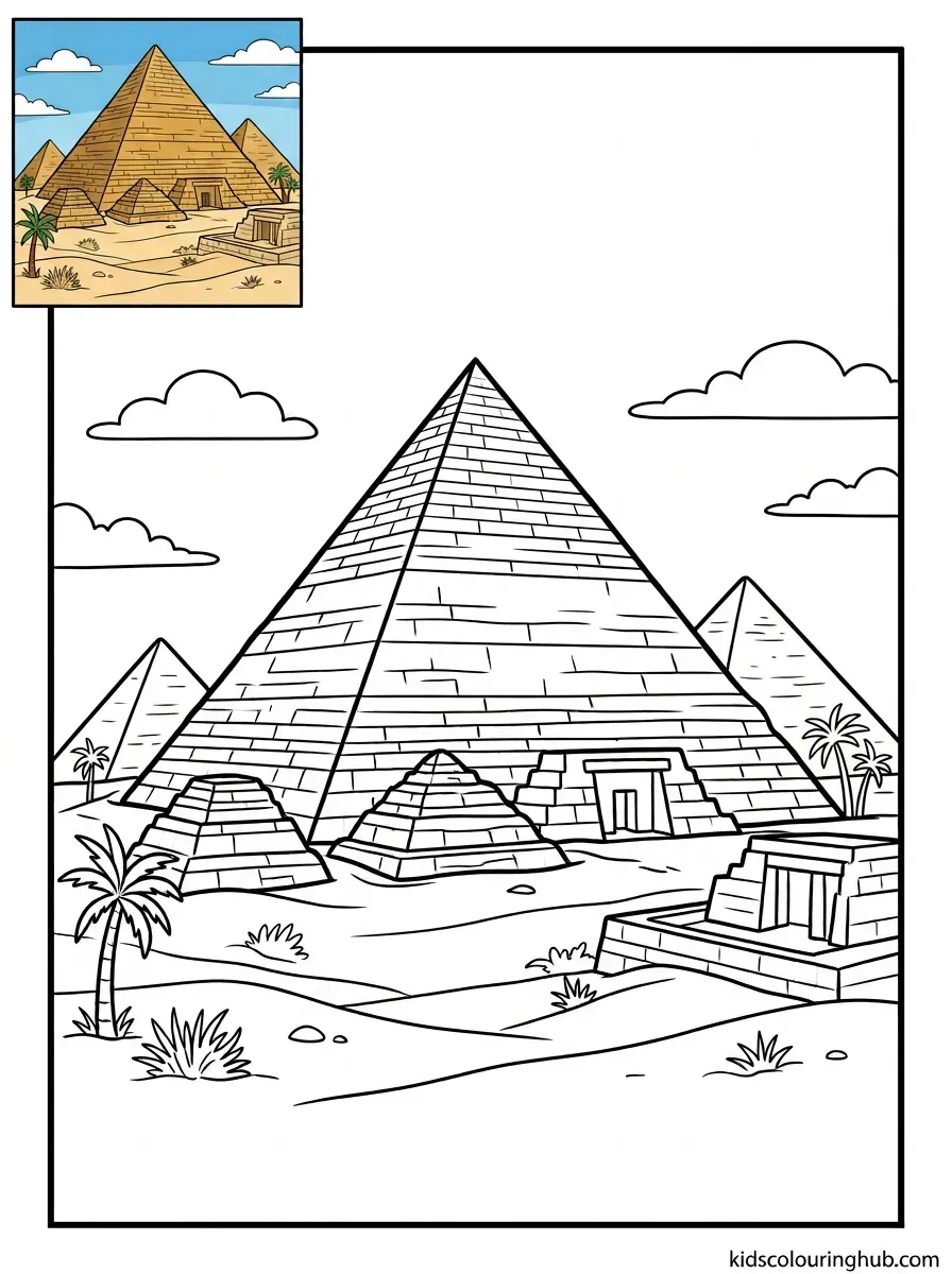 Black and white line art of the Great Pyramid of Khufu