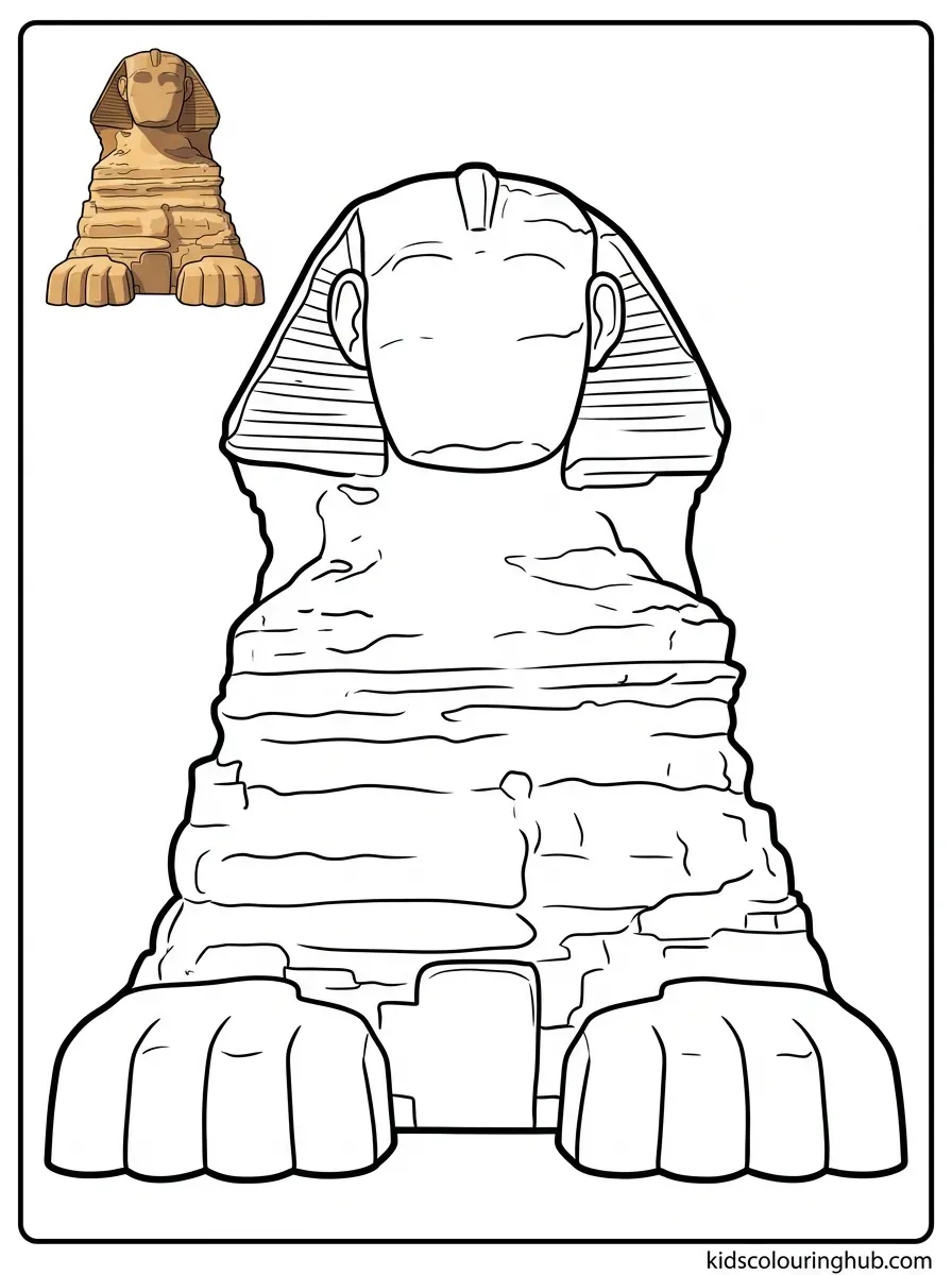 Black and white line art of the Great Sphinx of Giza statue