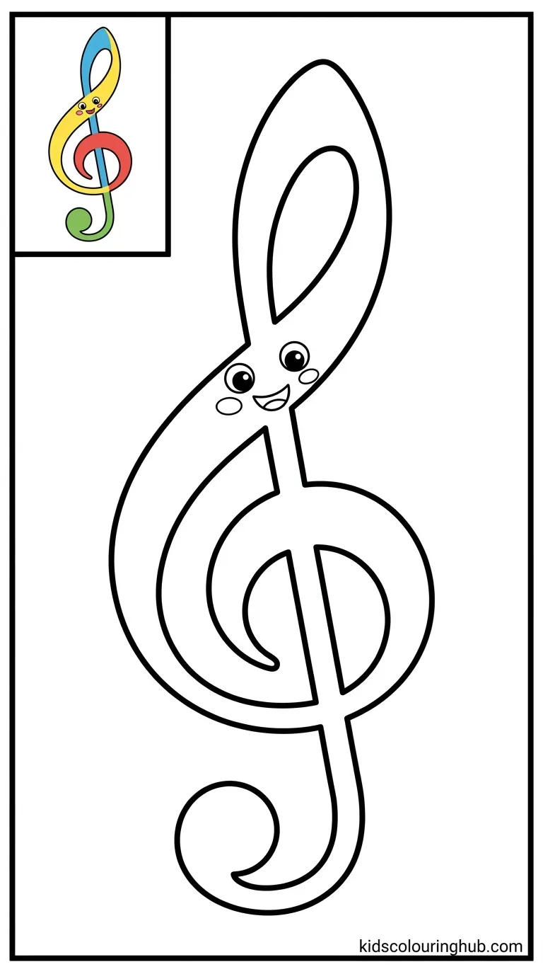 A friendly treble clef symbol with a big smiling face