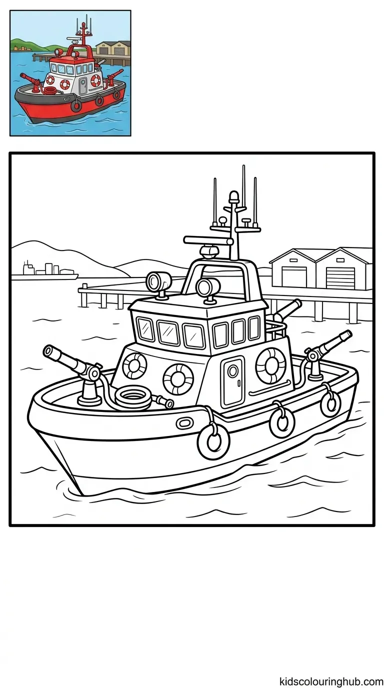 Black and white line art of a harbor rescue fire boat with thick outlines and a small colored thumbnail.