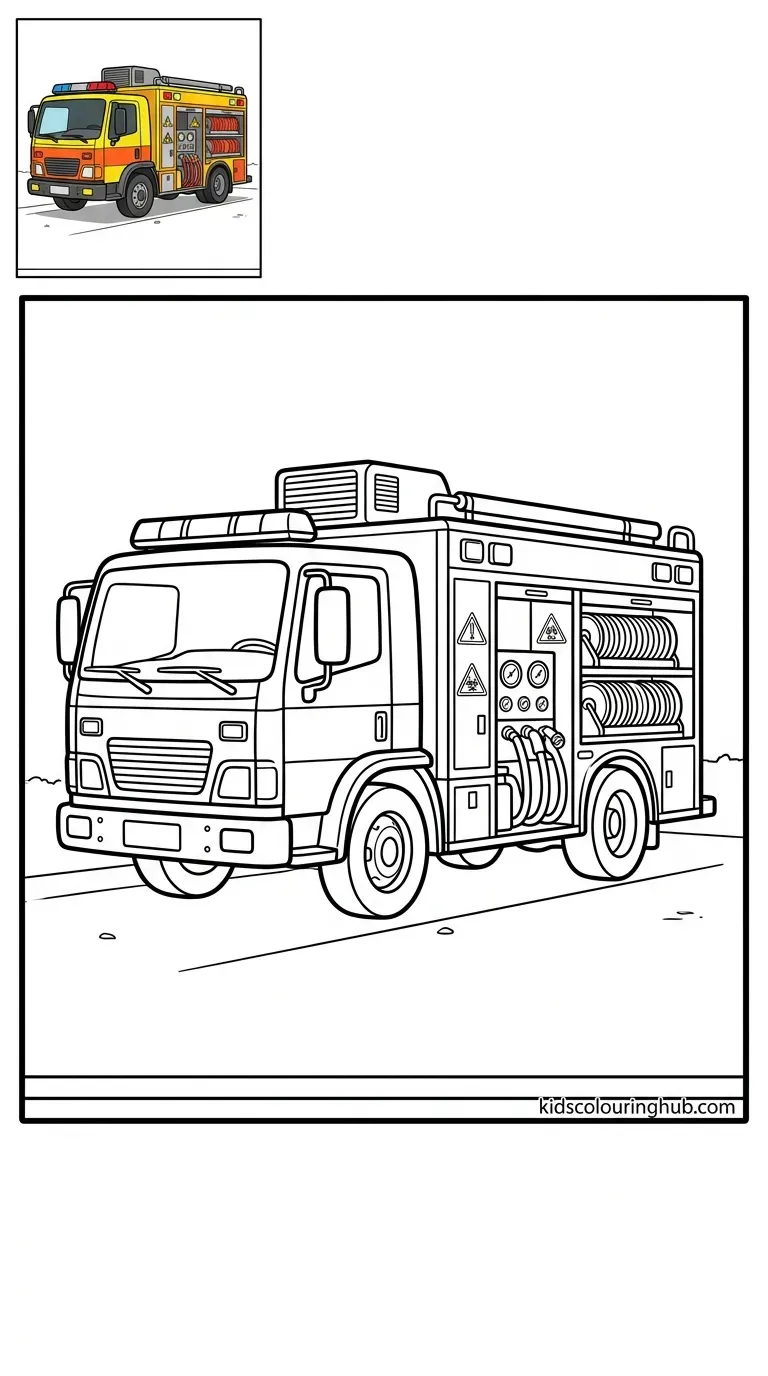 Black and white line art of a specialized hazmat response unit truck with thick outlines and a small colored thumbnail.