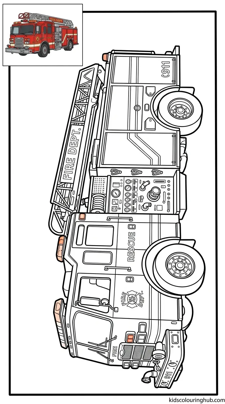 Black and white line art of a heavy duty modern pumper fire truck with thick outlines and a small colored thumbnail.