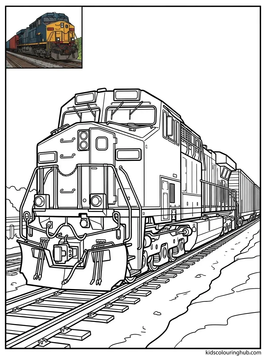 Line art of a heavy freight train engine