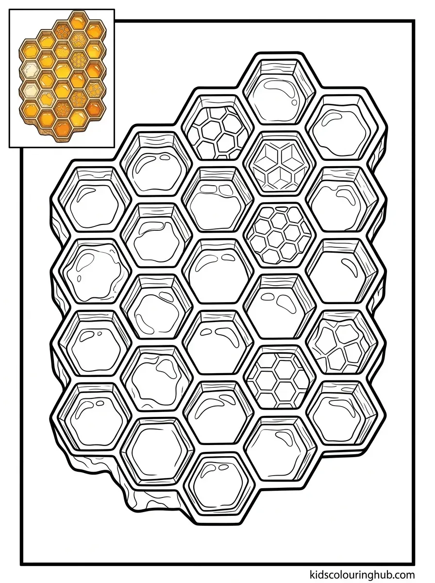 Hexagon honeycomb cells coloring page for kids