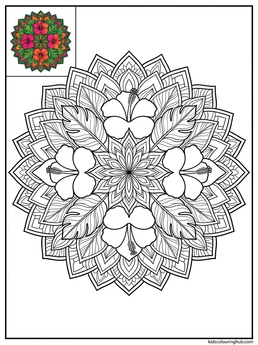 Line art of a tropical hibiscus mandala