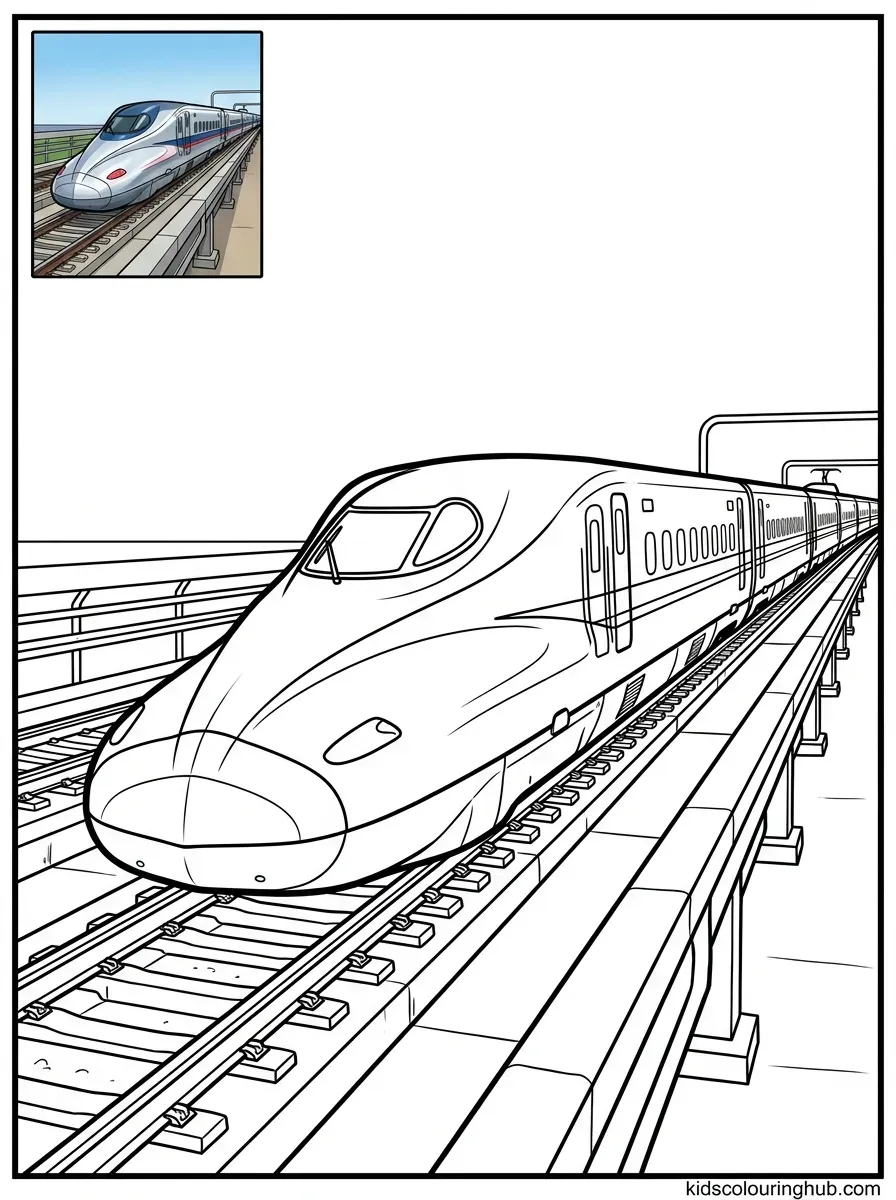Line art of a sleek high-speed bullet train