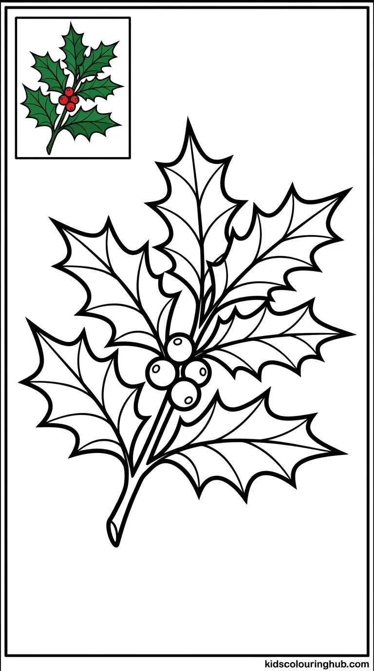 Line art of holly leaves and berries for coloring