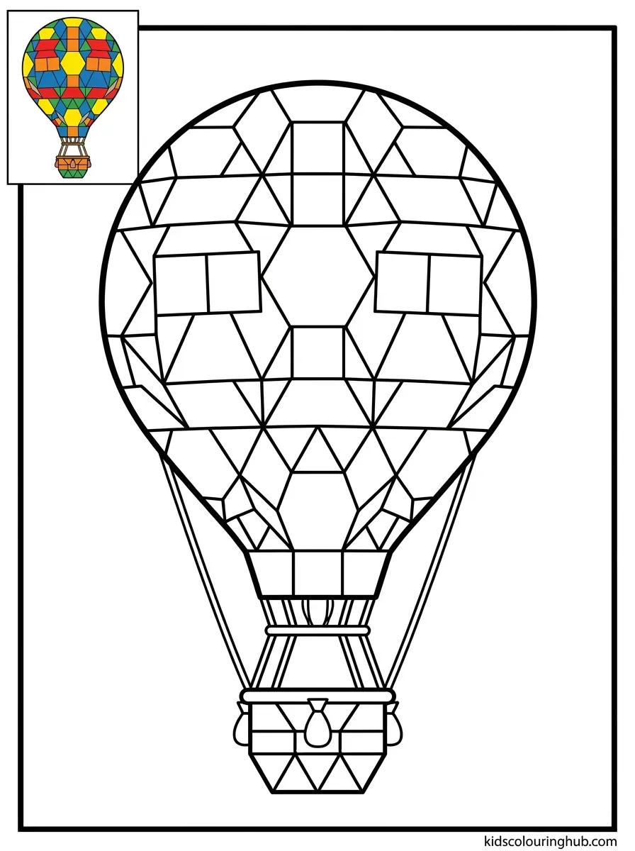 Hot air balloon geometry coloring page for kids