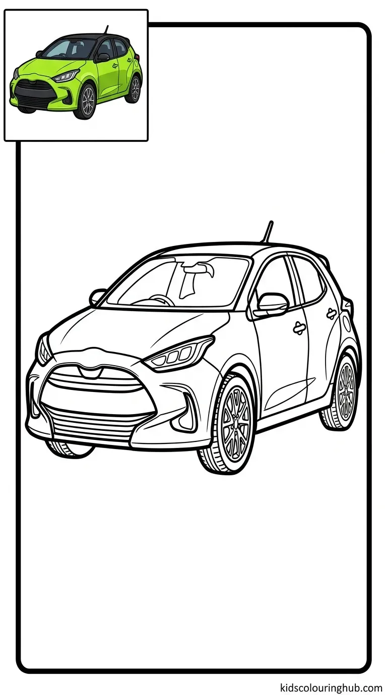 Black and white line art of a compact hybrid city car with thick outlines and a colored thumbnail