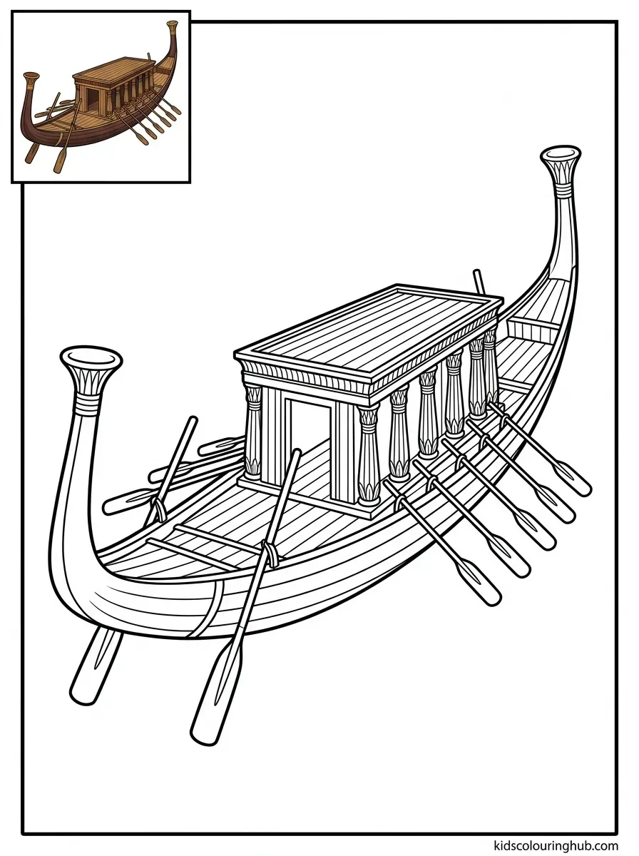 Black and white line art of the reassembled ancient Egyptian Solar Boat