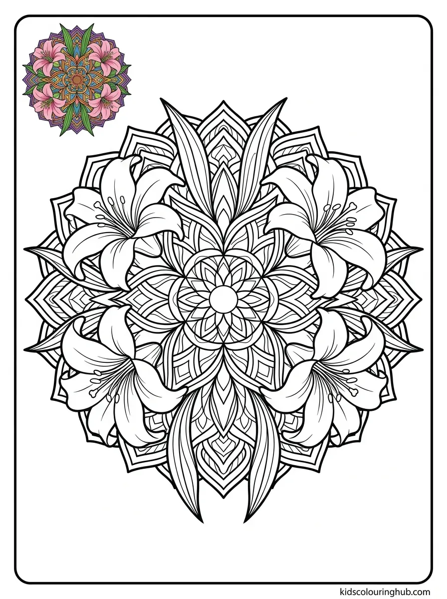 Line art of a lily flower mandala