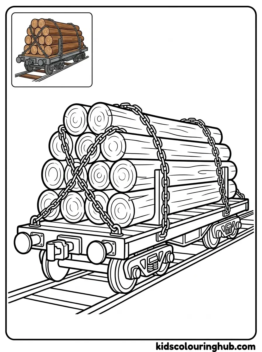 Line art of a train flatcar carrying wooden logs