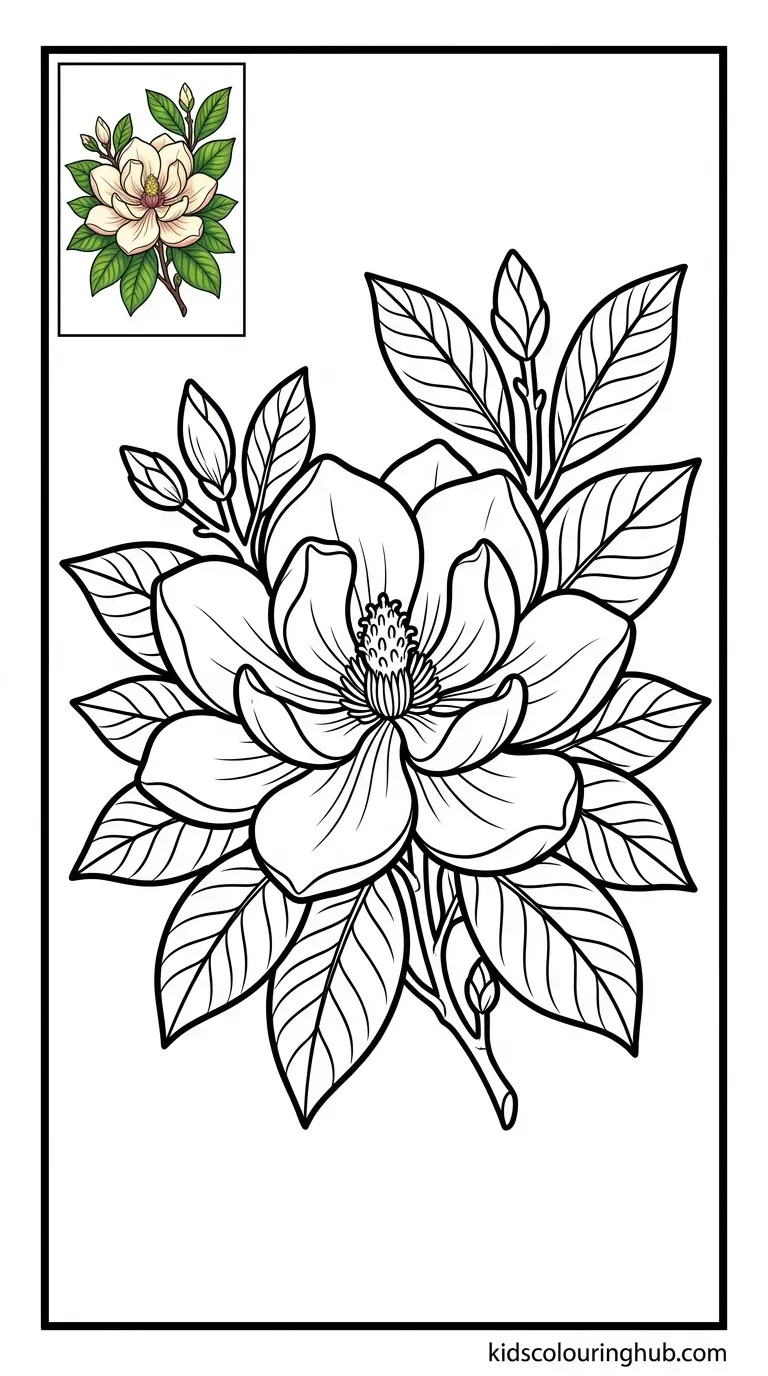Detailed line art of a magnolia leaf and flower