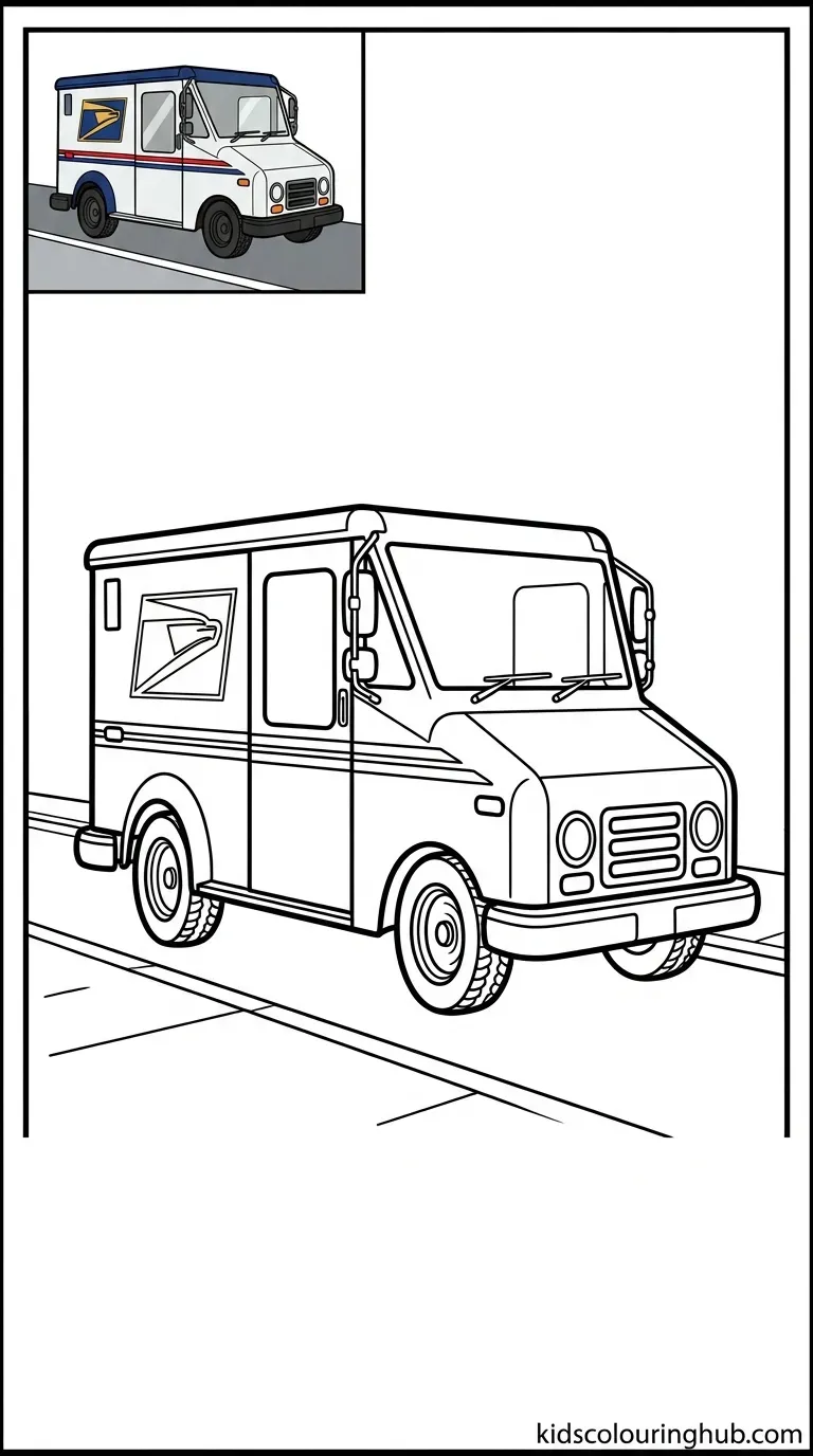 Black and white line art of a mail delivery vehicle with thick outlines and a colored thumbnail