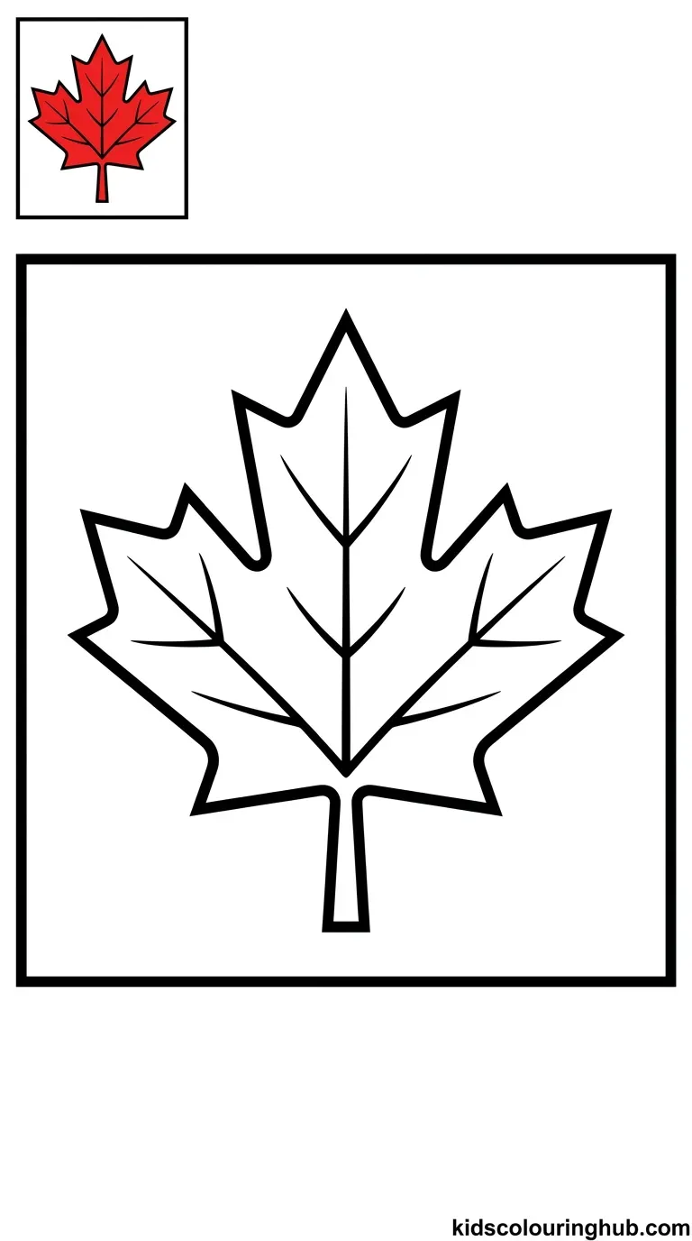A simple black and white outline of a classic maple leaf