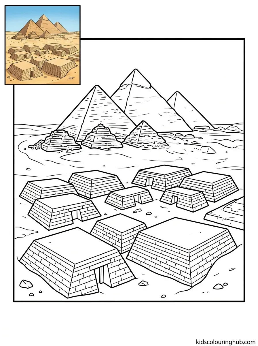 Black and white line art of several ancient Mastaba tombs on the Giza Plateau
