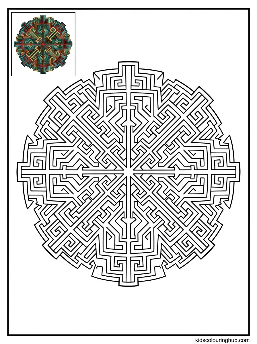Line art of a Mayan fretwork geometry mandala