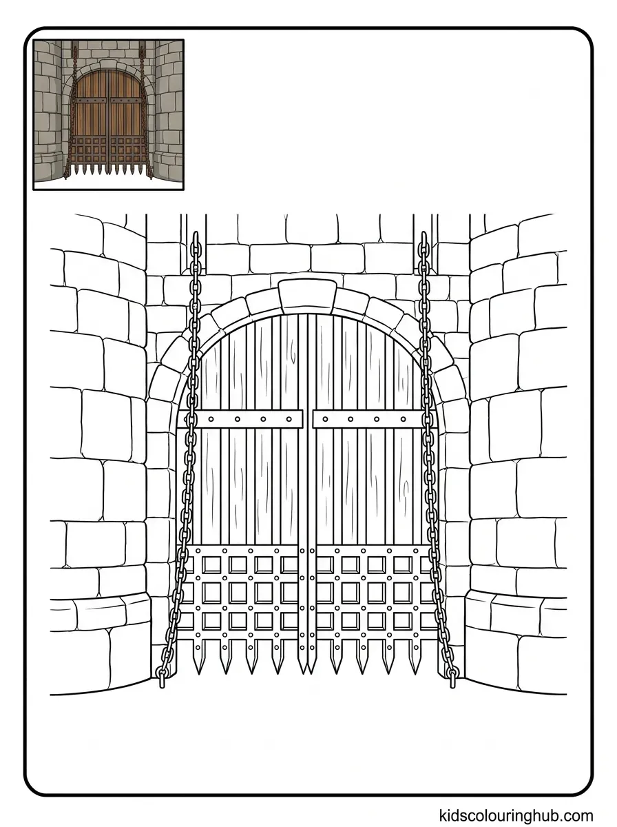 Medieval portcullis fortress door coloring page for kids