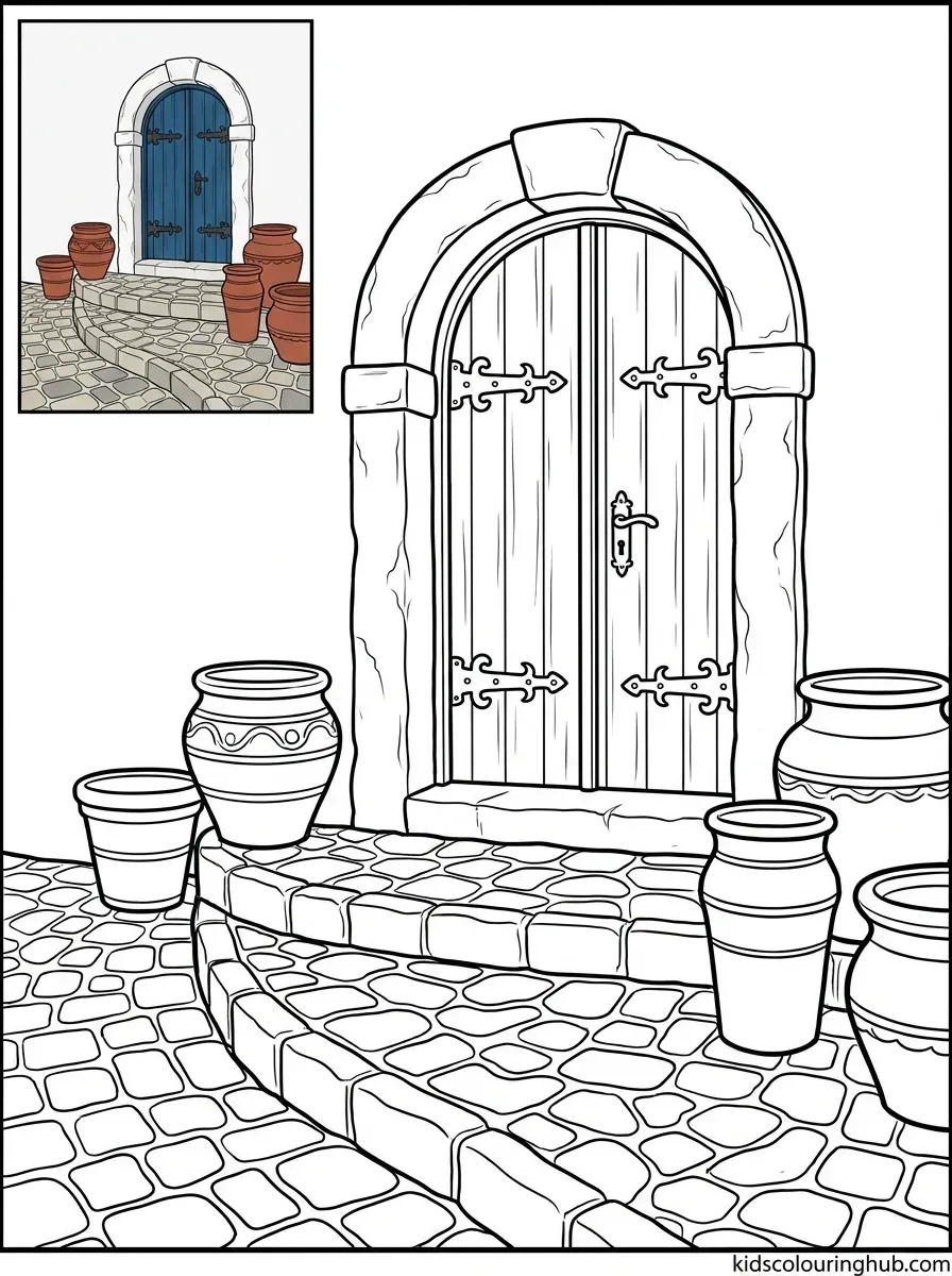 Mediterranean coastal blue door coloring page for kids