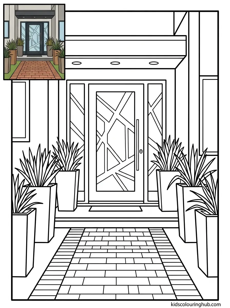 Modern geometric entrance door coloring page for kids