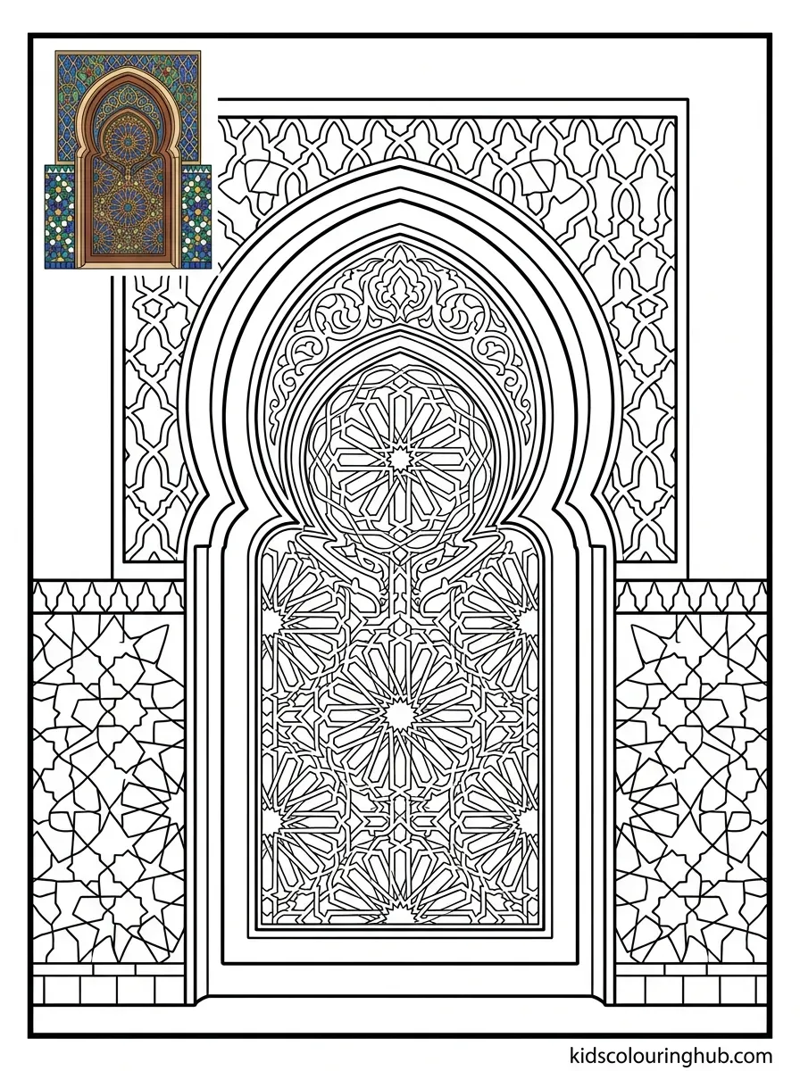 Moroccan carved arch doorway coloring page for kids