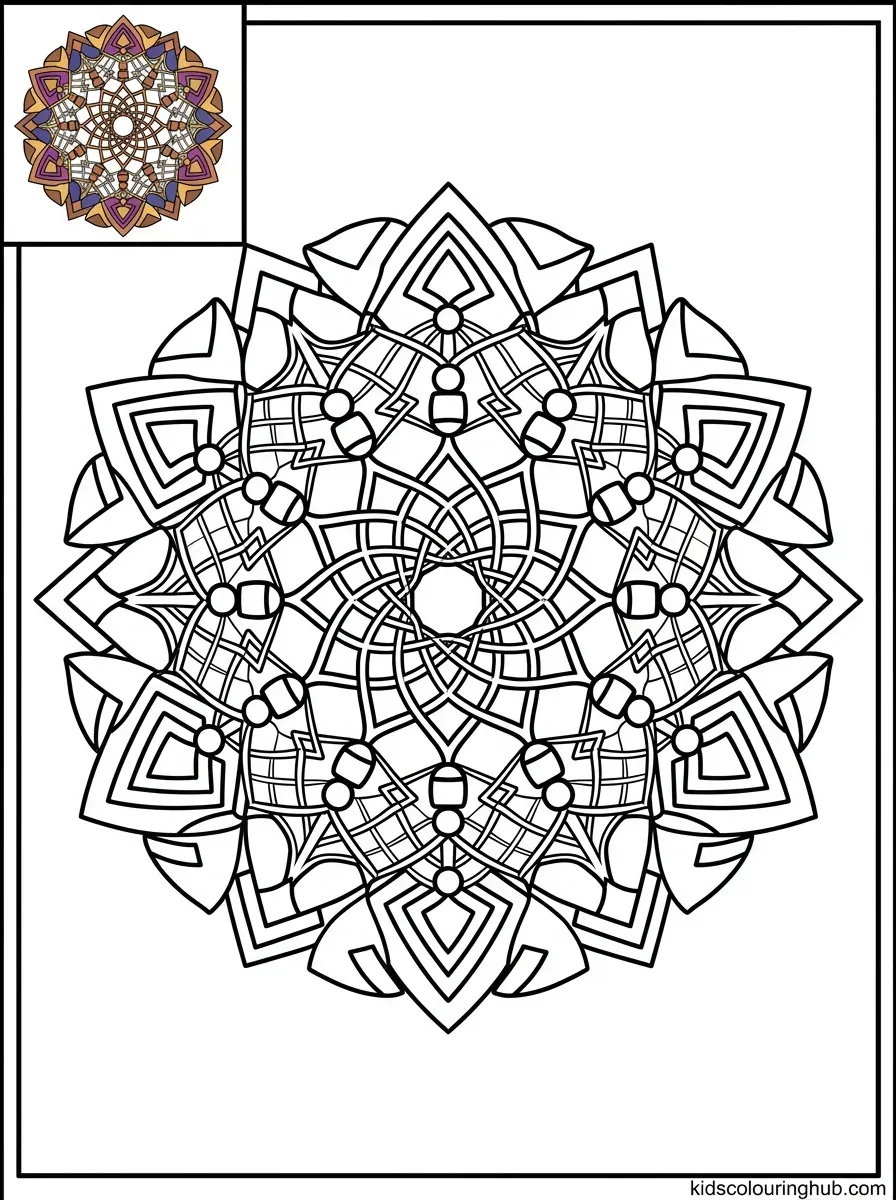Line art of a woven geometric web mandala
