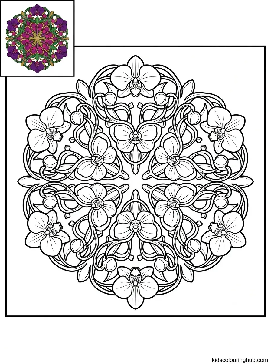 Line art of an orchid mandala